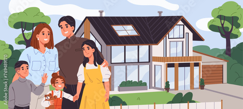 Family with kids buying home in mortgage in suburb. Happy people stand outside, in front of their house. Real estate acquisition. Purchase of residential area in country. Flat vector illustration