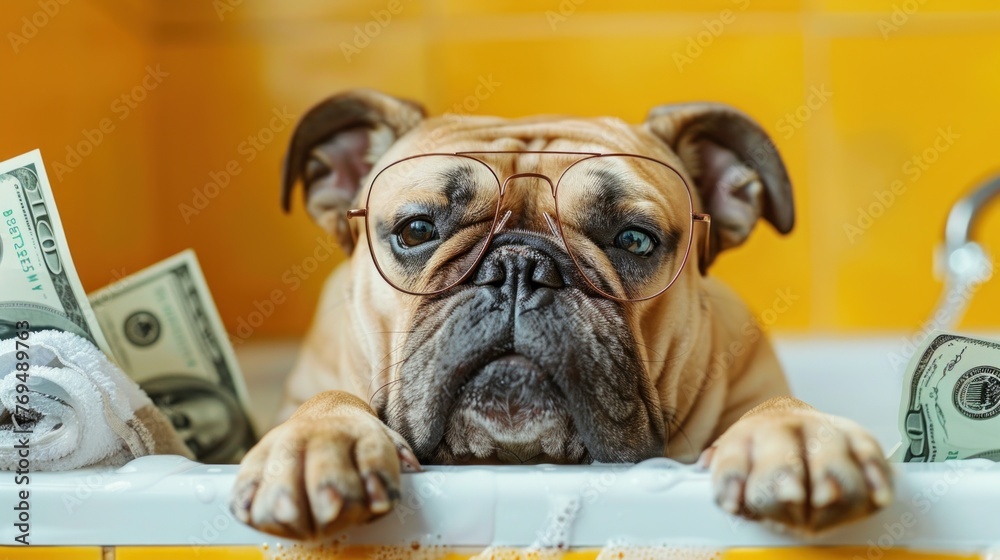  Satisfied English bulldog with glasses lies in a bathtub with a bunch of money on a yellow background