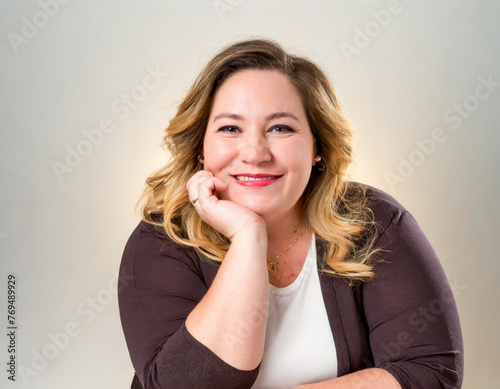 overweight woman blonde sitting hand under chin happy and smiling in white background © OceanProd