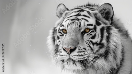 A white tiger with yellow eyes stares at the camera