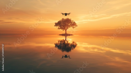 Drone flies over tranquil lake, reflecting sunset's gold with a lone tree. Drone hovers above calm lake, catching sunset's last golden rays on lone tree.