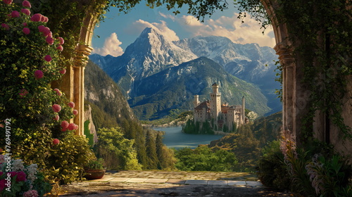 Mountain and castle in front of garden, in style of fantasy settings, architectural vignettes, arched doorways, landscape