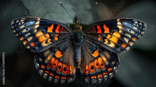 A butterfly with black and orange wings is sitting on a leaf photo