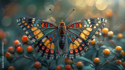 A colorful butterfly is perched on a bush with red berries