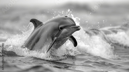 A dolphin is jumping out of the water