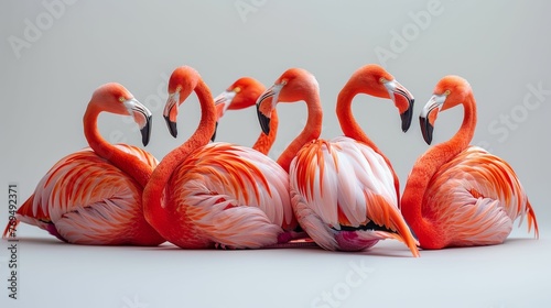 A group of flamingos are sitting in a row, with their heads turned to the right