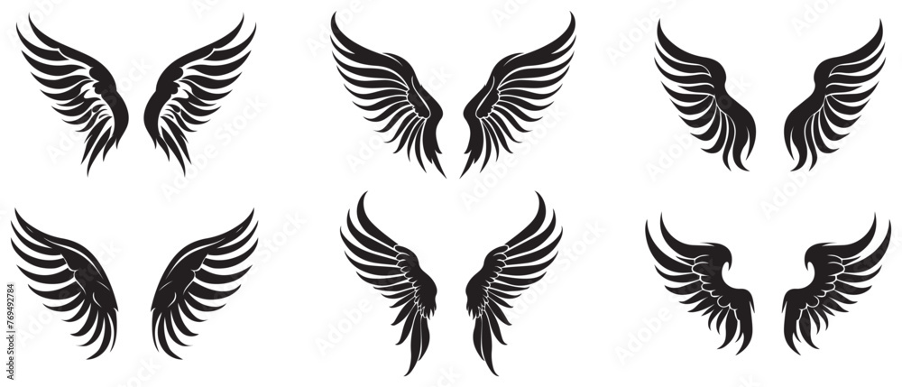 Wings style black icon vector feathers beautiful design. - obrazy, fototapety, plakaty 