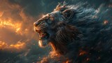 A lion with a fiery mane is blowing its mouth out