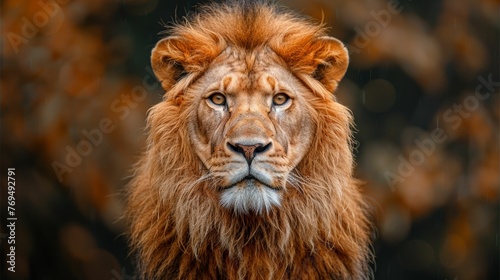 A lion with a long mane and a large  yellow eye stares at the camera