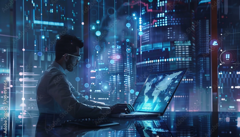 Man Virtual Reality Interface Against City Backdrop Man Virtual Reality Interface Against City Backdrop
