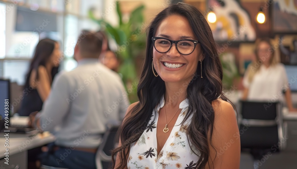 Professional Woman with Glasses Smiling in Office Professional Woman with Glasses Smiling in Office