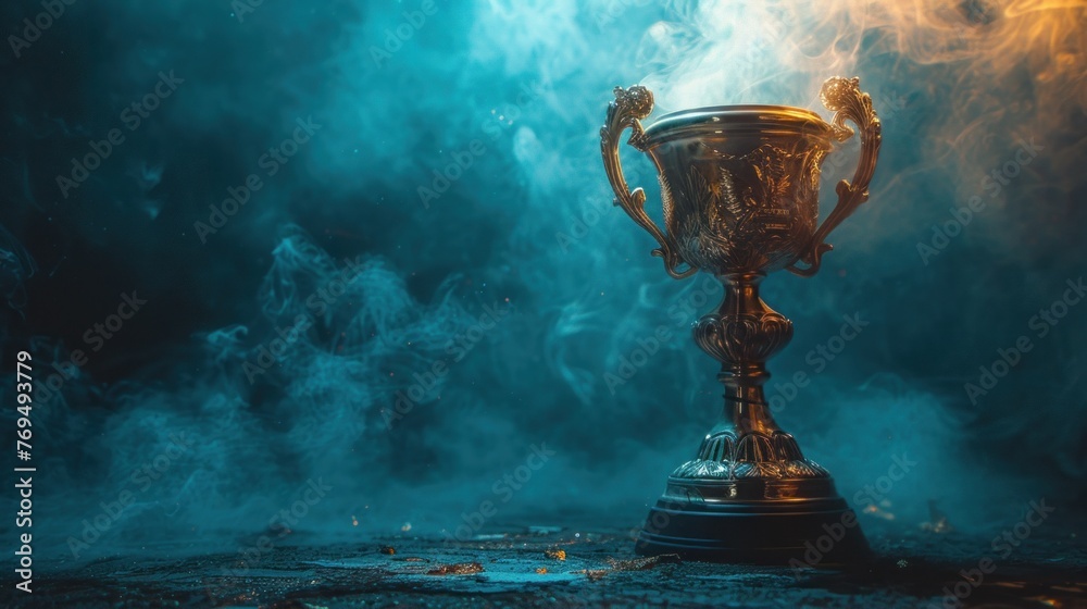 Golden trophy winner cup on smoky aquamarine background - obrazy, fototapety, plakaty 