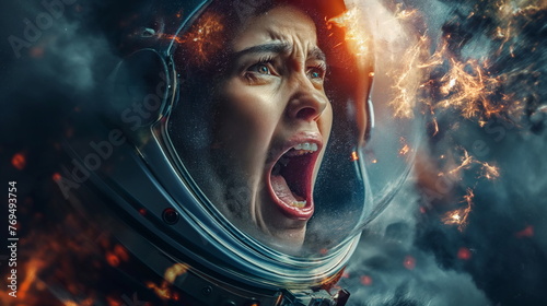 Astronauts helmet woman face contorted in a scream amid fiery sparks, signaling danger