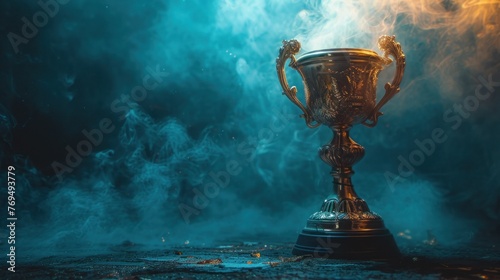 Golden trophy winner cup on smoky aquamarine background photo