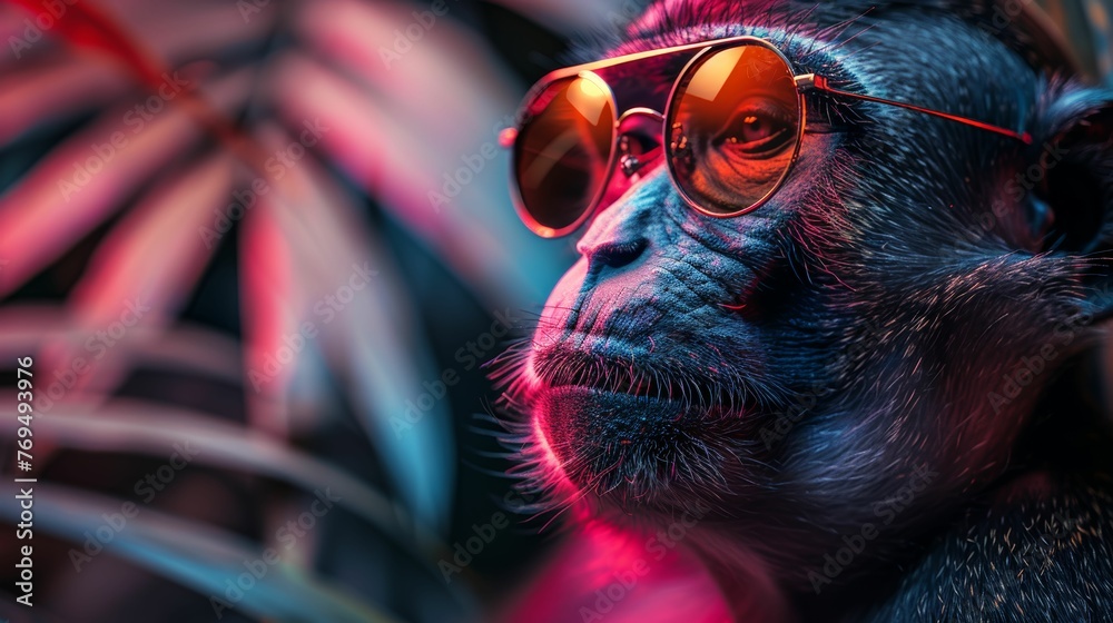 A monkey wearing sunglasses and a red bandana - obrazy, fototapety, plakaty 