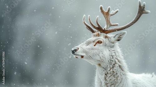 A deer with antlers is standing in the snow