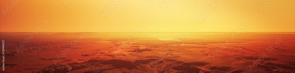 The sun sets in an orange gradient over a barren area resembling Mars, with deep space in the backdrop, background, wallpaper, banner