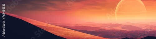 A serene Martian landscape under a breathtaking sunset, with a large celestial body looming in the sky, background, wallpaper, banner