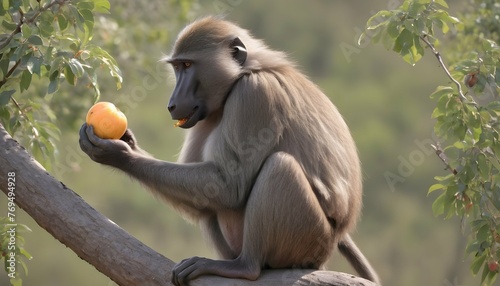 A Baboon Eating Fruits From A Tree Using Its Dext photo
