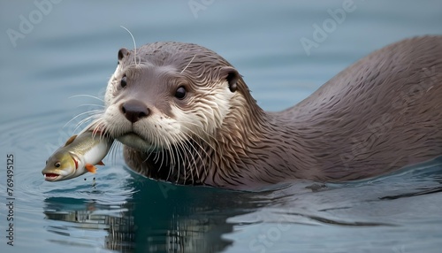 An Otter With A Fish In Its Mouth Swimming Back T