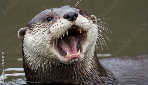 An Otter With Its Jaws Open Wide Displaying Its S
