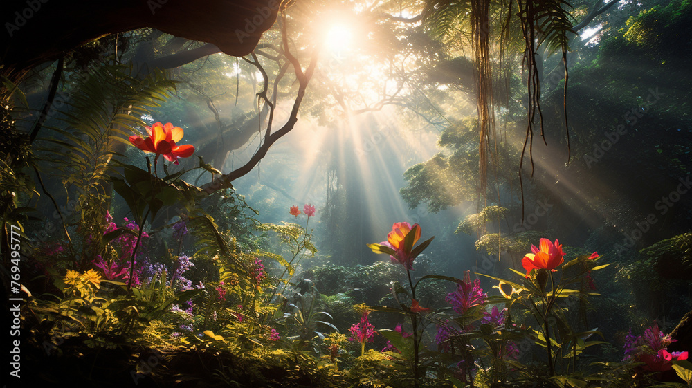 Sunlight filtering through the dense canopy of a vibrant tropical rainforest, illuminating a carpet of colorful wildflowers - obrazy, fototapety, plakaty 