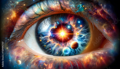 Close-up, detailed image focusing on the interior aspects of the human eye reimagined as a cosmic entity.