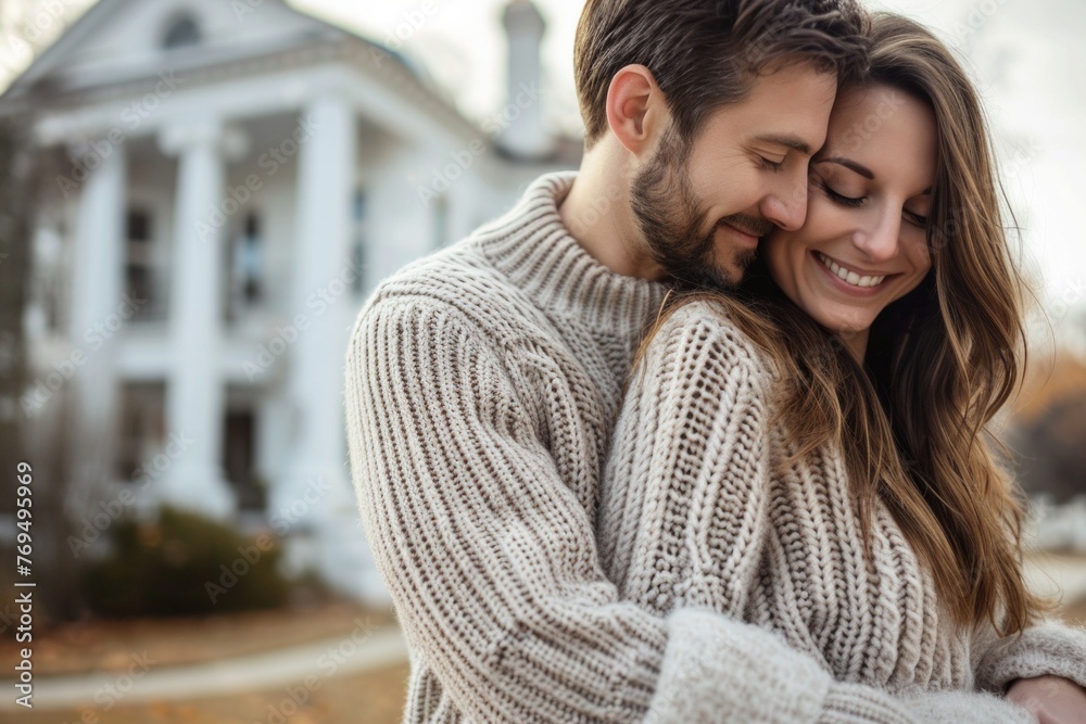 A man and woman hugging each other in front of a white house A man and woman hugging each other in front of a white house