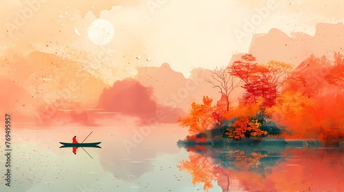 orange and pink autumn river traditional landscape illustration background poster