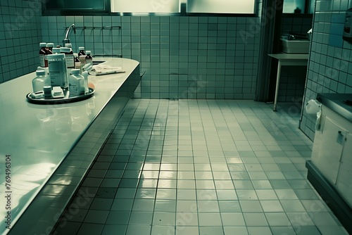 A sterile, white-tiled floor stretching towards a counter with empty prescription bottles and scales.  photo