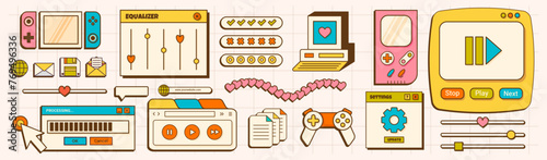 Retro UI vaporwave elements in 90s and 00s style. Old UI design of dialogue window, system computer message. Gaming, error, notification, warning icons and windows.