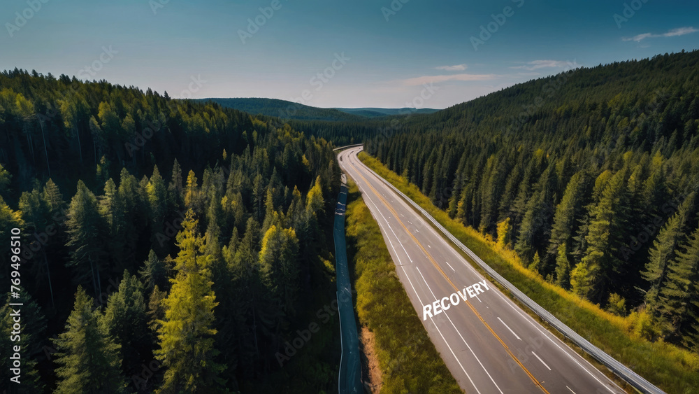 Obraz premium Road to the mountains, Recovery images, A highway road passes through a forest, blurred lens flare light, sunlight morning,sun rising, 