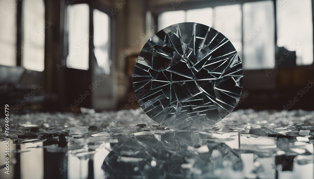 a shattered mirror. The shards reflect warped and distorted versions of the room, but one shard reveals a glimpse of a hidden doorway.