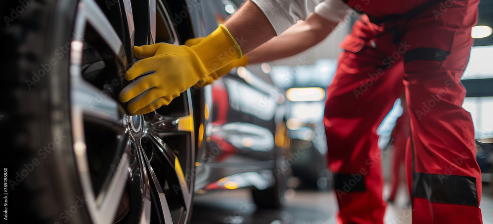 A mechanic is changing the wheels in his workshop, with a close-up on gloved hands holding tools. A mechanic is changing the wheels in his workshop, with a close-up on gloved hands holding tools.