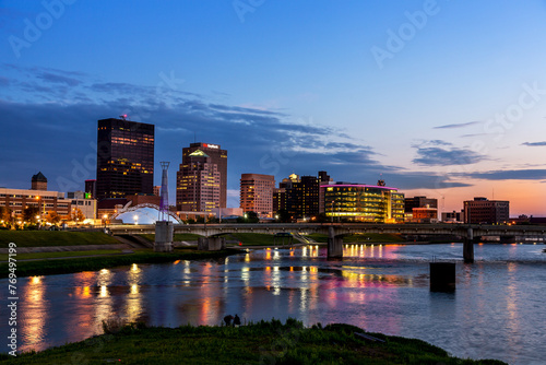 RiverScape view of Dayton, Ohio's skyline with new, exclusive Water Street Apartments along the Great Miami River 