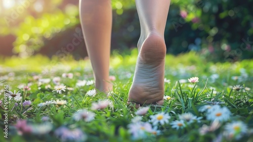 barefoot walking on grass and flower blooming background. generative ai