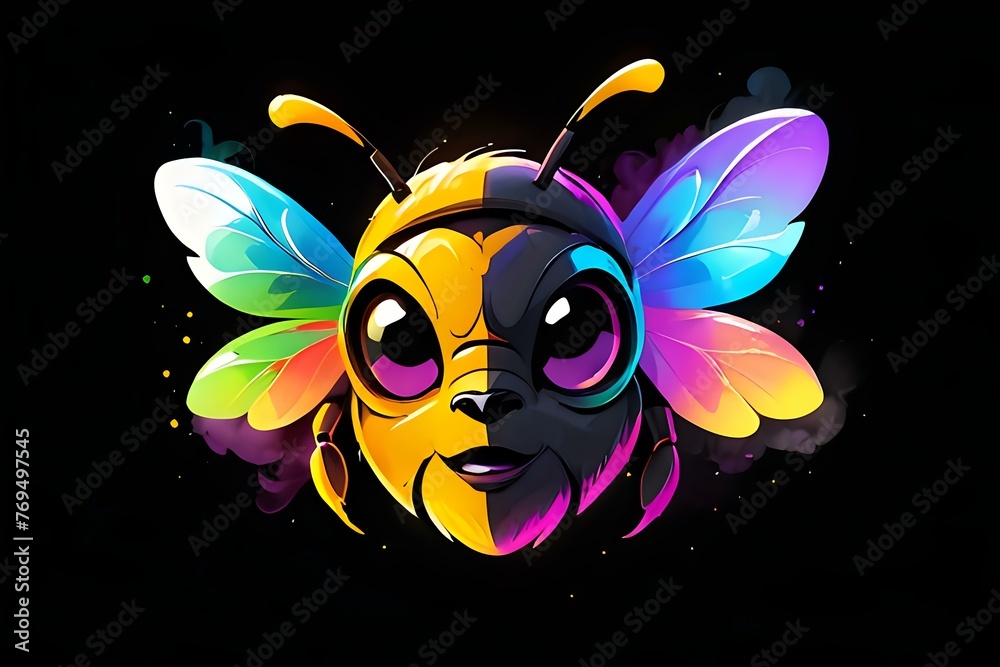 Radiant Insecta Spectrum.
A whimsical bee portrait with radiant iridescent wings, ideal for vibrant environmental and educational themes. - obrazy, fototapety, plakaty 