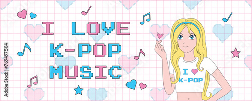Horizontal banner with a teen girl in anime style showing korean heart. Vector illustration for print, poster, cover