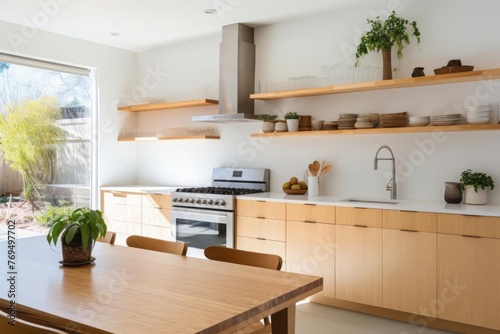 A minimalist kitchen furnished with eco-friendly materials and sustainable design elements, such as bamboo countertops, reclaimed wood cabinets. Focus on sustainable living and conscious consumption.