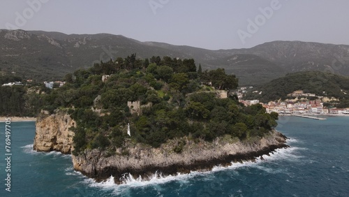 aerial view wild sea waves crushing on rocks in parga town epirus greece