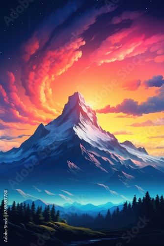 big mountain in colorful sky nature landscape © krissikunterbunt
