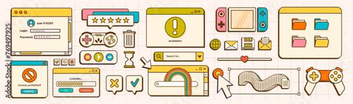 Retro user interface vaporwave elements. Trendy retro 90s and 00s style. Modern nostalgic old computer ui and dialogue windows. Vintage vector interface icons and elements.