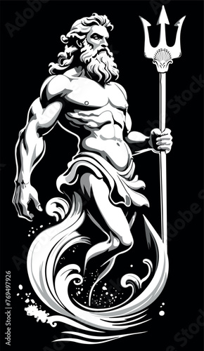 Poseidon, god of the sea, tall and robust and with powerful muscles, like an old sea dog, with disheveled hair and beard and trident in hand.