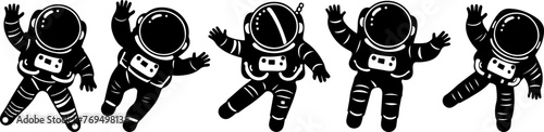 Silhouette set of cute astronauts in various poses, vector SVG, exploring cosmic wonders, isolated white