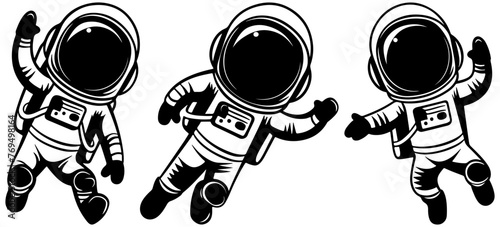 Silhouettes of playful astronauts on moonwalk, vector SVG, cute and whimsical, isolated white background photo