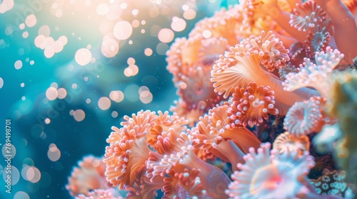 A close-up view of a diverse collection of corals in peach tones, forming a vibrant underwater backdrop, background, wallpaper, copy space