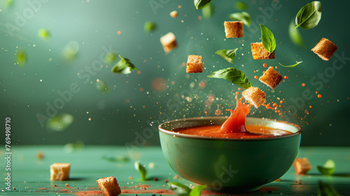 A vibrant bowl of tomato soup in mid-splash, with croutons and basil leaves floating in the air, creating a lively and appetizing scene