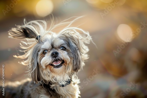 shih tzu smiling with fluffy fur blowing in the wind photo