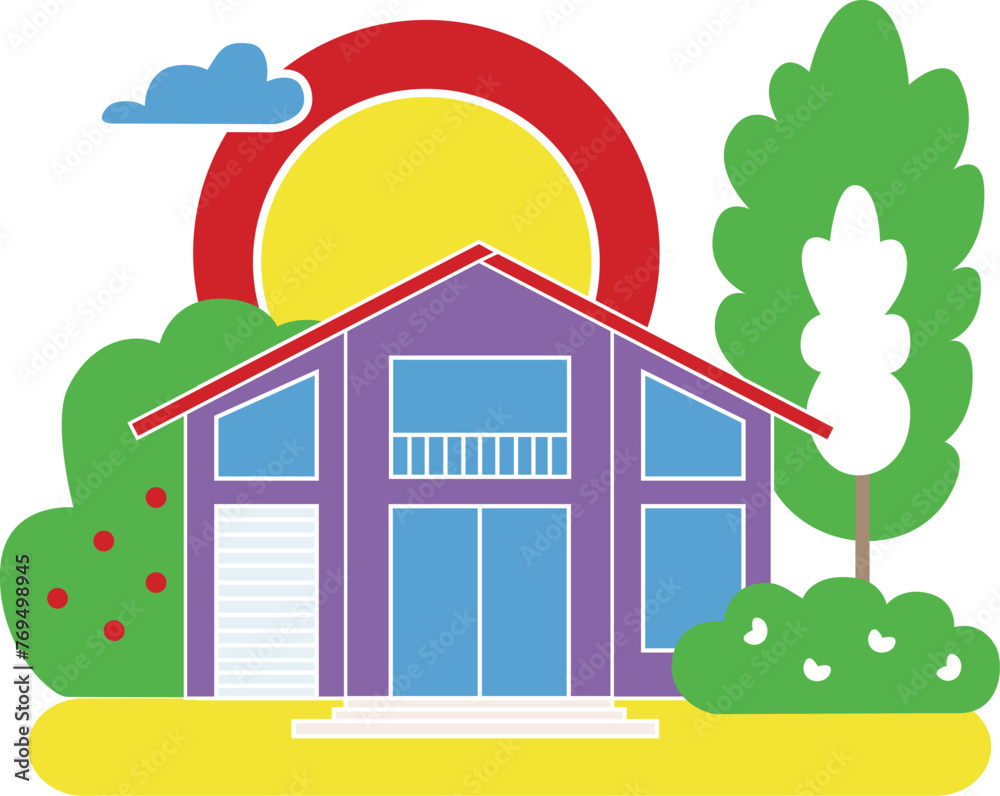 House with trees against the background of the sun. Vector illustration in flat style.