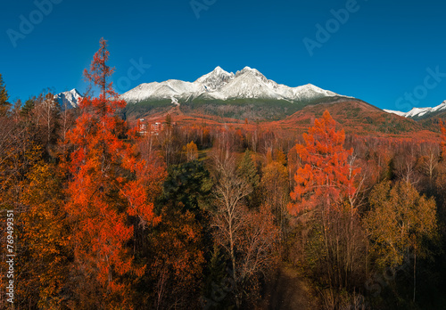 Tatranske Matliare, Slovakia - Aerial view of the snowy mountains of Lomnicky Peak in the High Tatras with beautiful red and orange coloured autumn trees and foliage and clear blue sky at Vysoke Tatry